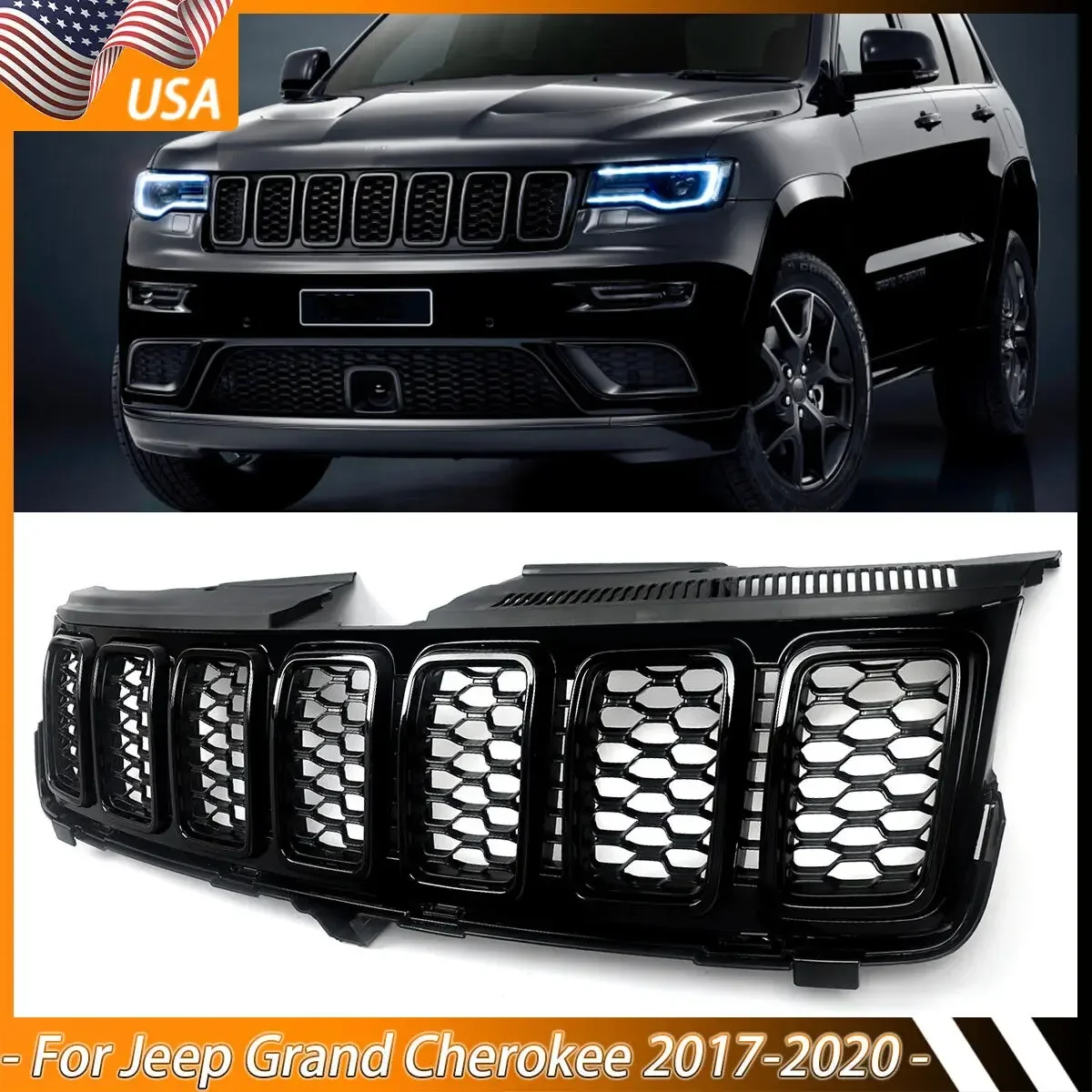 

Gloss Black Front Grille Assembly W/ Trim Ring For Jeep Grand Cherokee 2017-2020
