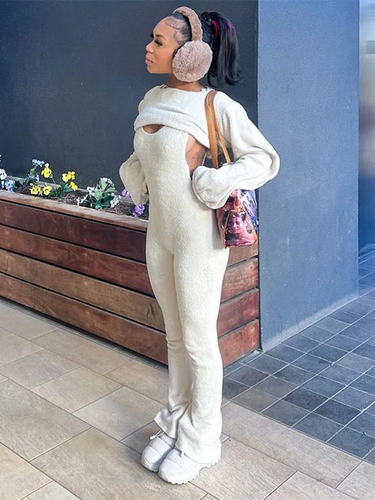 Sibybo Women Two-piece Pantsuits Solid Color Terry Cloth Long Sleeve Short Top + Sexy Cutout Jumpsuit Fall/Winter Women Clothing