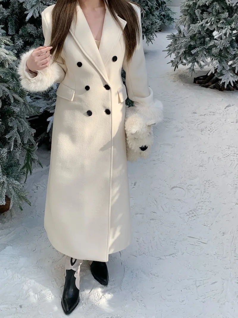 Women's Elegant Cotton Padded Mid-Length Thicken Warm Wool Blend Coat with Faux Fur Trim Long Jacket Outwear Slim Lapel Outfit mid length hooded cotton padded thicken winter coat women basic solid overcoat warm outwear top oversized 4xl snow wear parkas