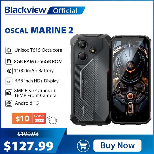 Blackview OSCAL Marine 2 Smartphone robuste AI, écran HD + 6,56 pouces, Unisoc T615, 24(8+16) Go 256 Go, 11 000 mAh, téléphone Android 15 NFC 1
