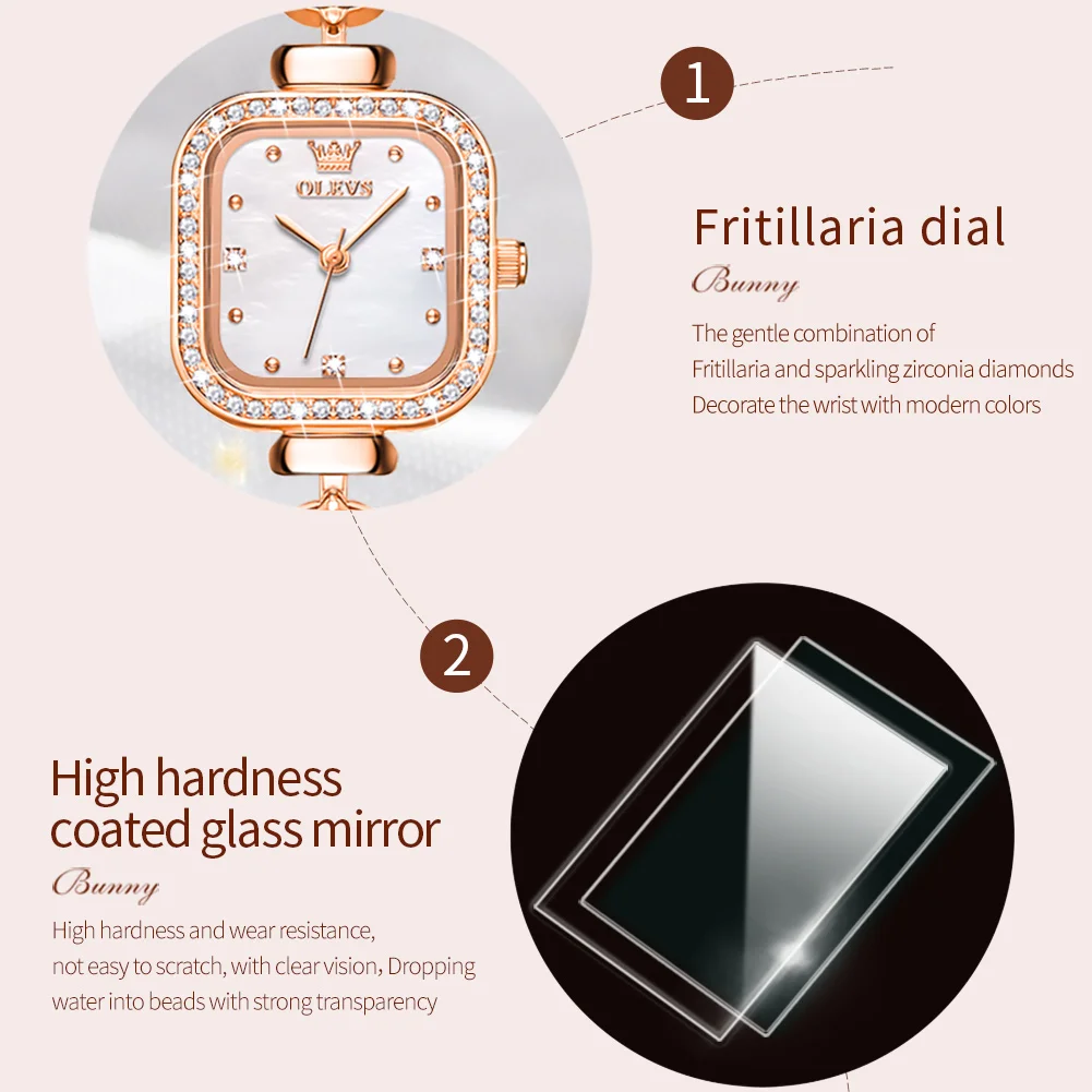 OLEVS Brand New Luxury Diamond Crystal Quartz Watch for Women Stainless Steel Waterproof Fashion Bracelet Square Watches Womens