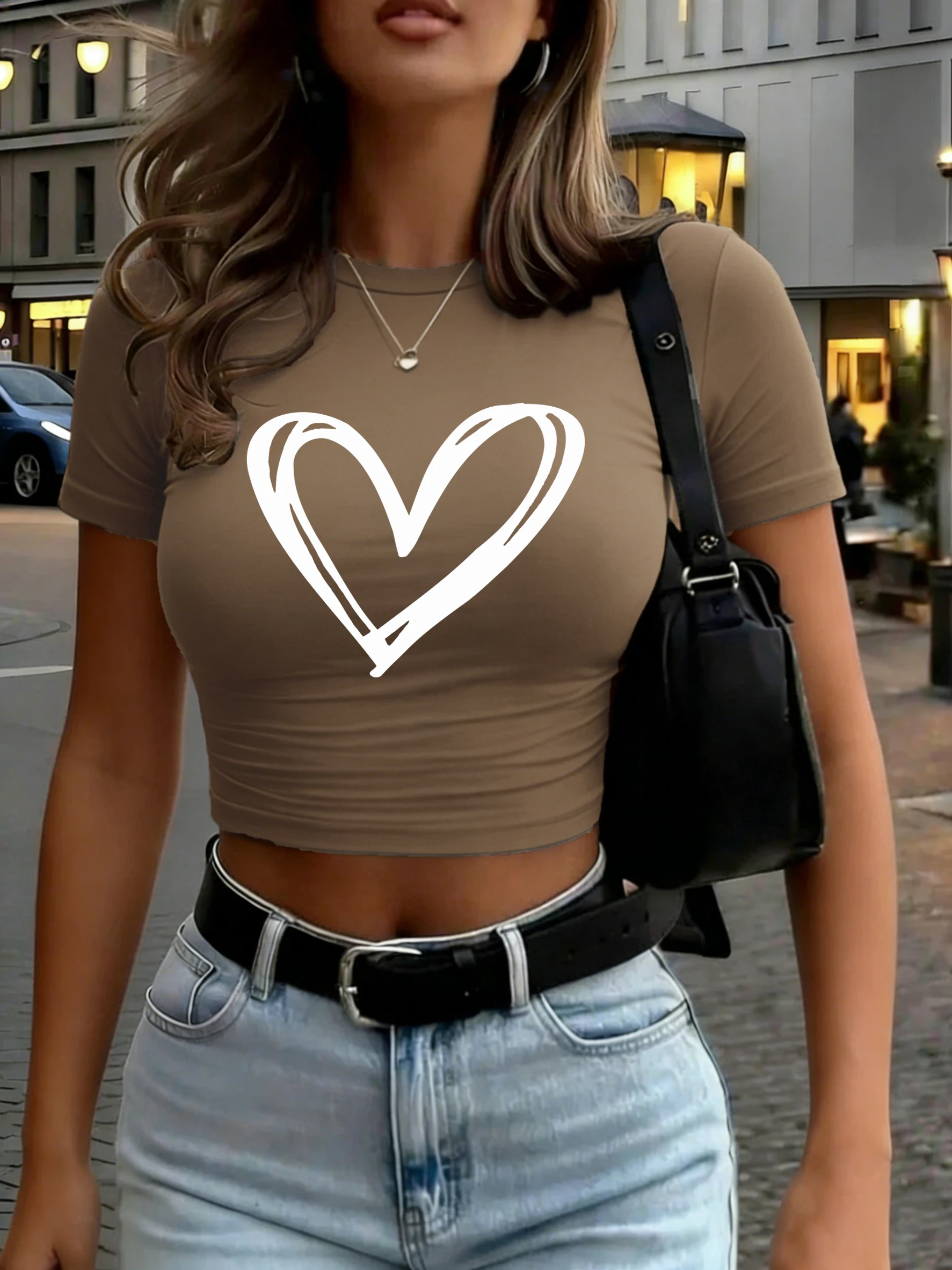 Einfaches, ausgehöhltes Herz-Design, bauchfreies T-Shirt für Damen, Rundhalsausschnitt, Sommer-T-Shirts, Y2K, weiche, enge Kleidung, bequeme Freizeit-Tops – Detail 7