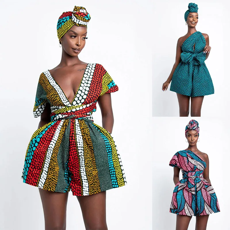 

Women's High Waist Deep V Neck Printed African Dress High Quality Summer Sexy Ankara Dress with Zipper Women Clothing