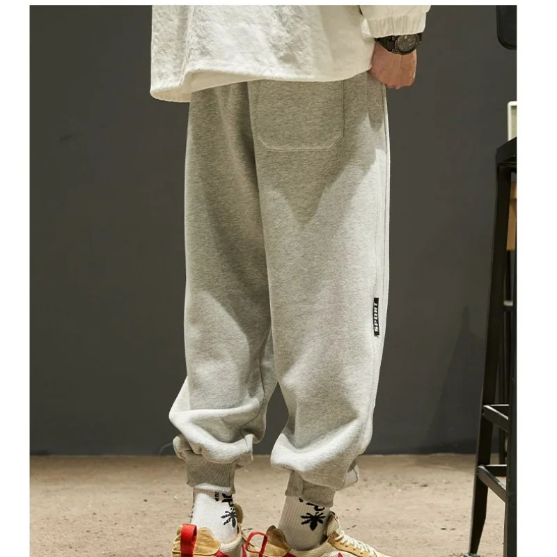 Korean Autumn Winter Fleece Casual Loose Pants Men\'s New Trend Solid Printed Letters Patchwork Pockets Versatile Sports Trousers