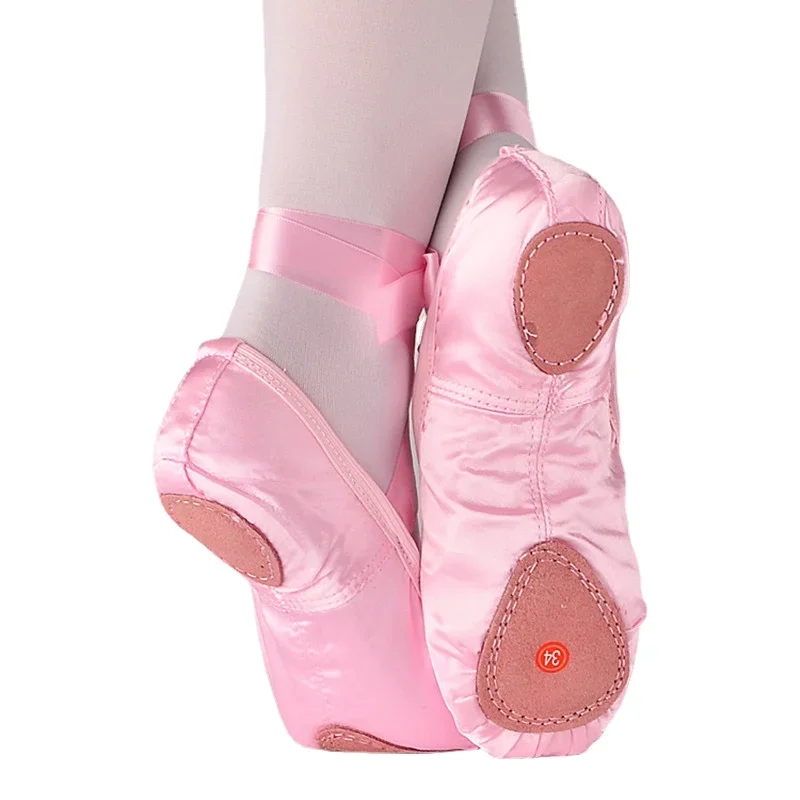 Satin Ballet Shoes with Ribbon Straps Round Toe Indoor Yoga Shoes Adult Girls Soft Split Sole Satin Dance Ballerina Shoes 4