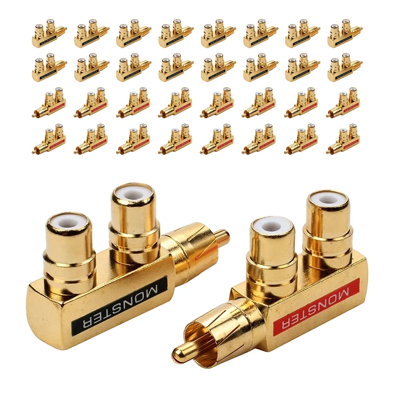 

2/4/8/16PCS Two Three-way Gold Plated RCA One Point Plug Monster Lotus RCA 1 Male to 2 Female AV Audio Adapter