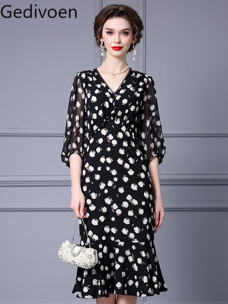 

Gedivoen Summer Fashion Runway New Designer Lantern Sleeve Printing Dot Floral Empire Office Lady Style Trumpet Dress