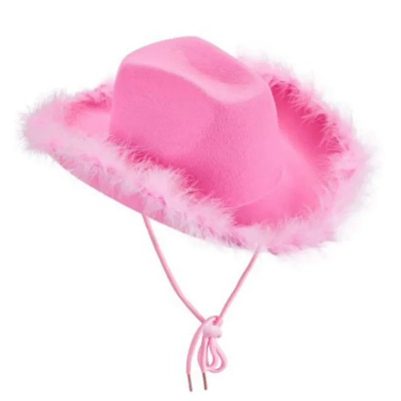 High Quality Cowboy Hat for Adult Solid Color Fluffy Feather Trim Felt Wide Brim Cowgirl Hat Fashion Female Cap for 