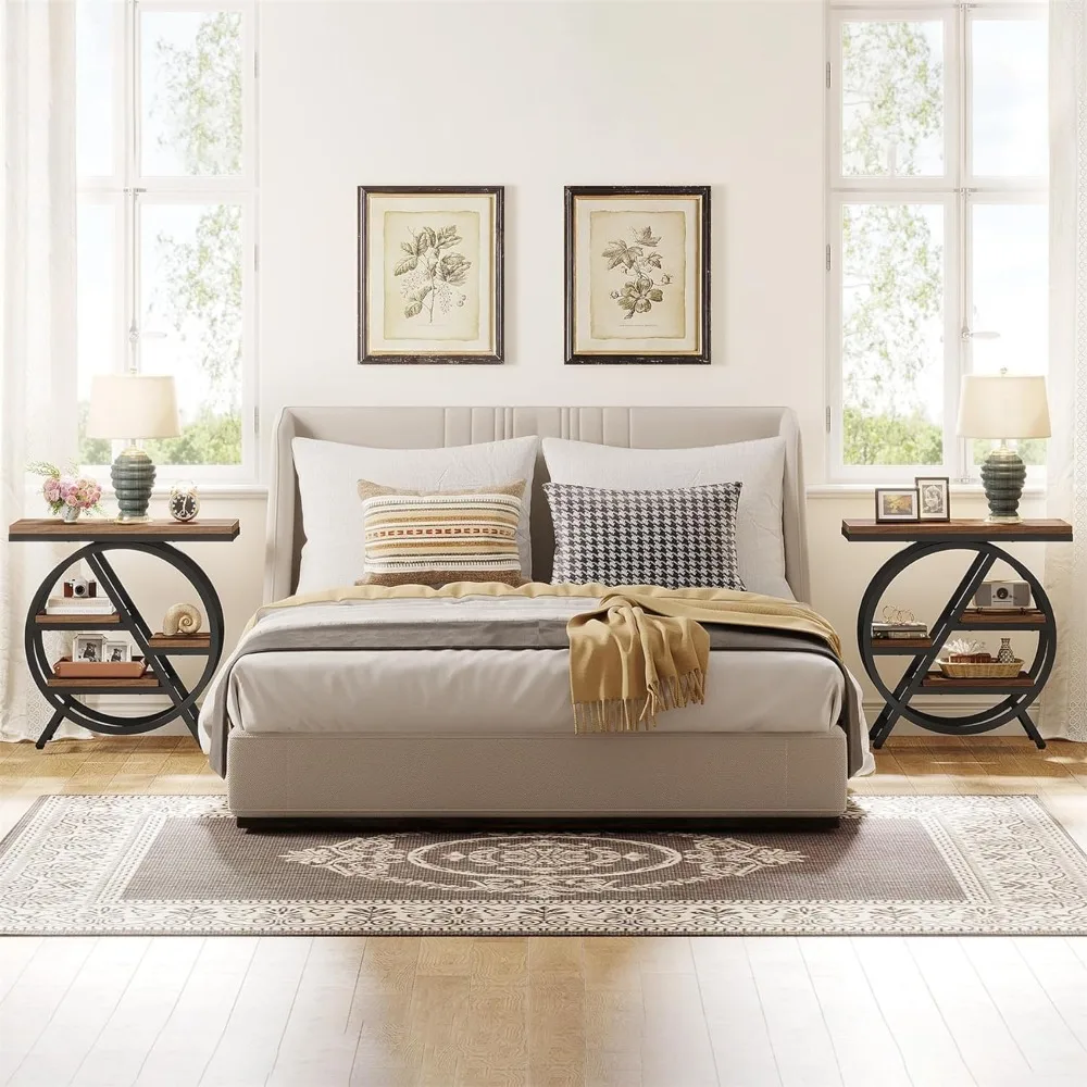End Table Set of 2, 3-Tier Narrow Sofa Side Table with Storage for Living Room, Wood End Table with Geometric Metal Frame, Indu 4