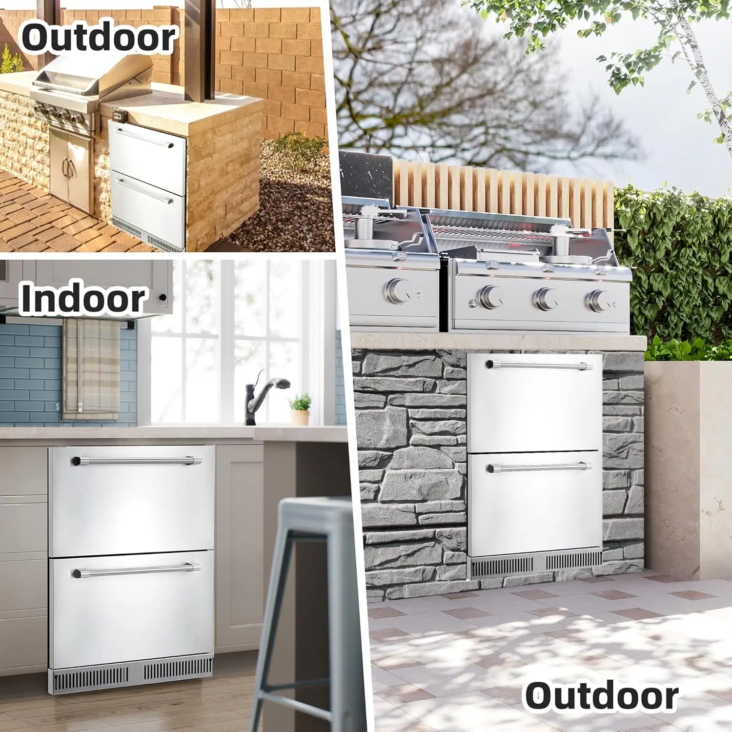 24" Outdoor Drawer Fridge, Counter Double Drawer Beverage Refrigerator, 5.2 Cu.Ft. Weather Proof Stainless Steel Built-in Fridge 2