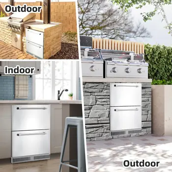 24" Outdoor Drawer Fridge, Counter Double Drawer Beverage Refrigerator, 5.2 Cu.Ft. Weather Proof Stainless Steel Built-in Fridge 2