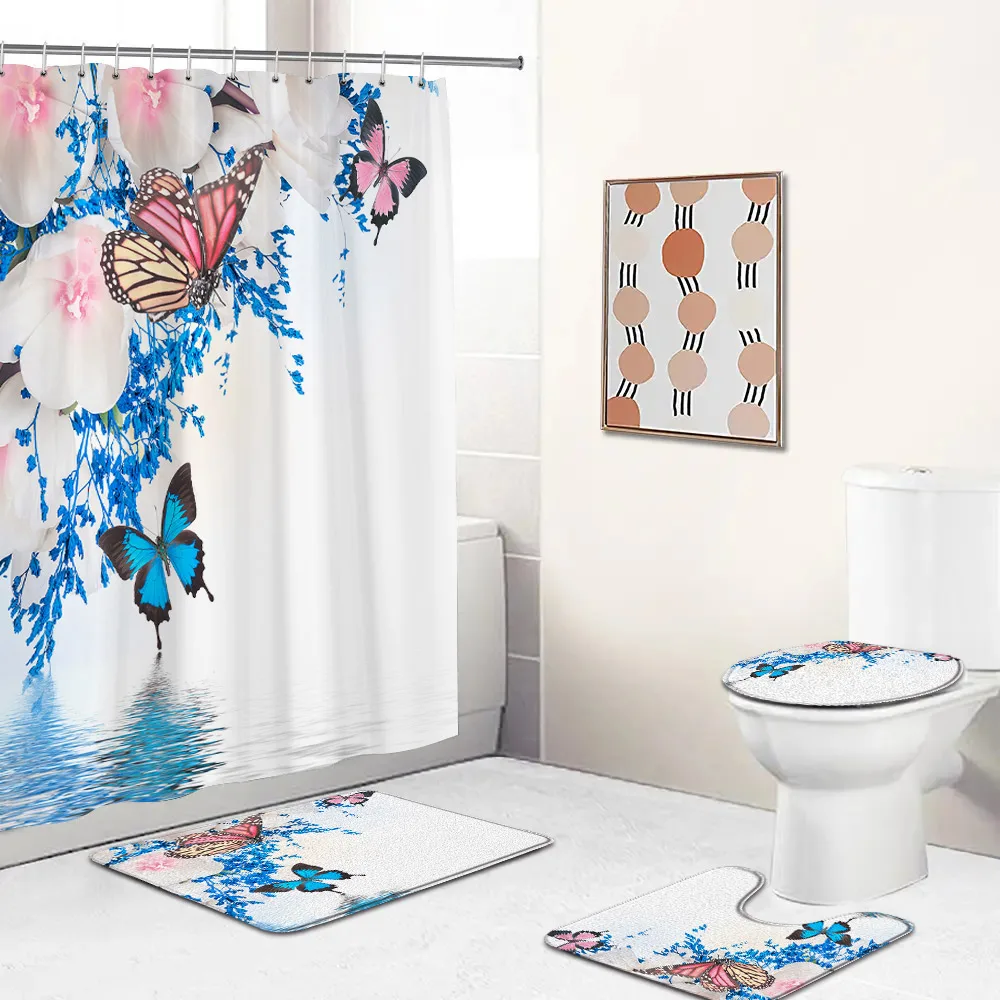 

Blue Butterfly Flowers Shower Curtains Set Blossom Plants Floral Bathroom Decorations Art Aesthetic Bath Mat Toilet Lid Cover