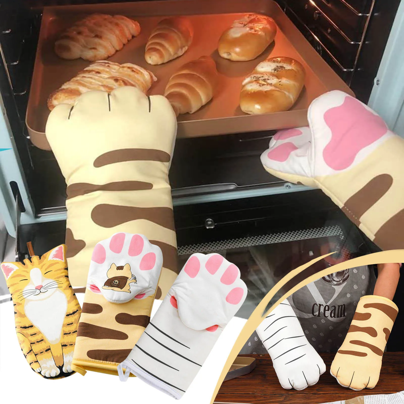 Oven Mitts Cute Cat Design Baking Gloves Heat Resistant Cooking Gloves  Potholder Funny Grilling Microwave Mittens Backer Kitchen Tools For Women  Kids