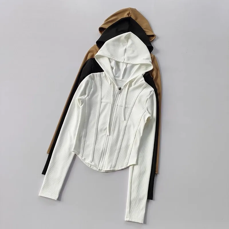 Women's Hooded Thin Long Sleeve Yoga Jacket Slim Drawstring Outdoor Sportswear Striped Zipper Jogger Long Sleeve Sports Jacket