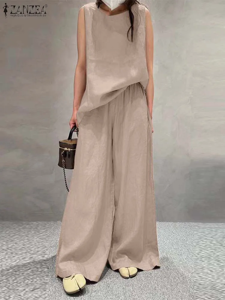 

ZANZEA Casual Women 2pcs Outfits Wide Leg Trousers Tank Tops Pant Sets Holiday Office Tracksuits Solid Color Summer 2023 Sets