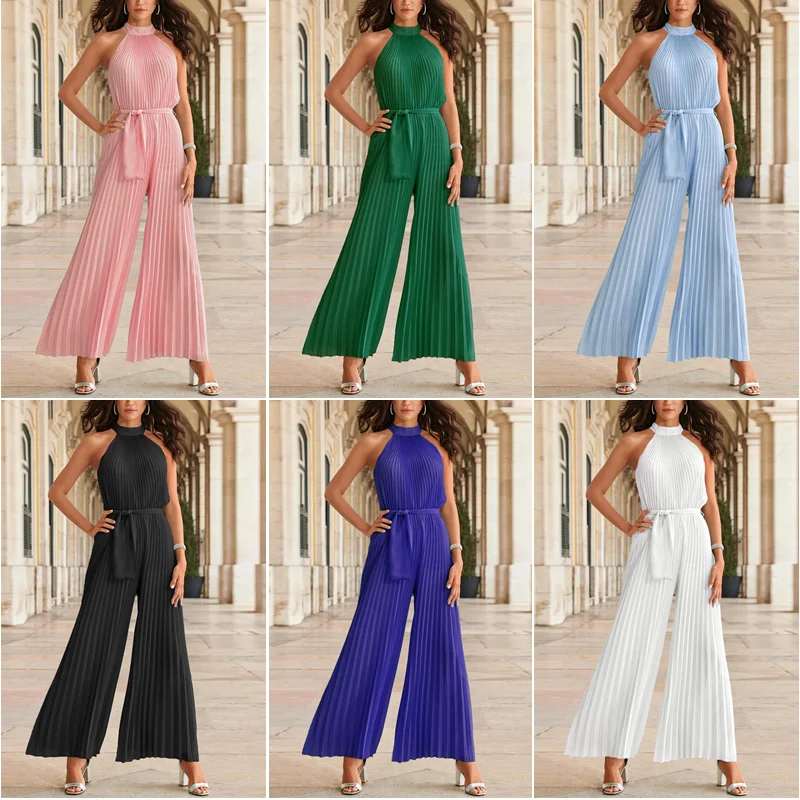 Elegant Halter Off Shoulder High Waist Tie-up Romper Fashion New Pleated Wide Leg Jumpsuit Summer Chiffon Chic Beach Playsuit