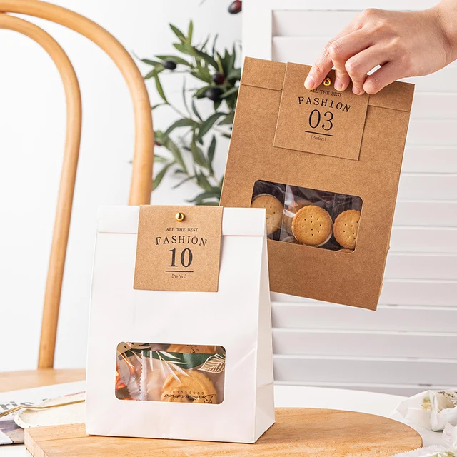 10 db Kraft Papírzacskók Átlátszó Ablakkal Esküvői Születésnapi Keresztelés Party Cukorka Sütemény Kekszcsomagoló Táska - Image 3