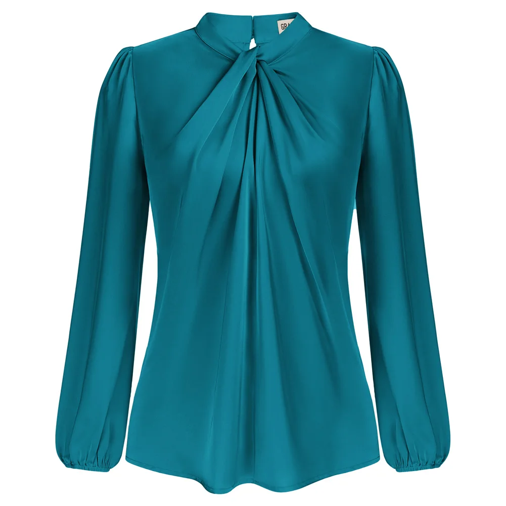 GRACE KARIN Women's Long Lantern Sleeve Shirts Office Lady Workwear Mock Neck Solid Casual Blouse Tops