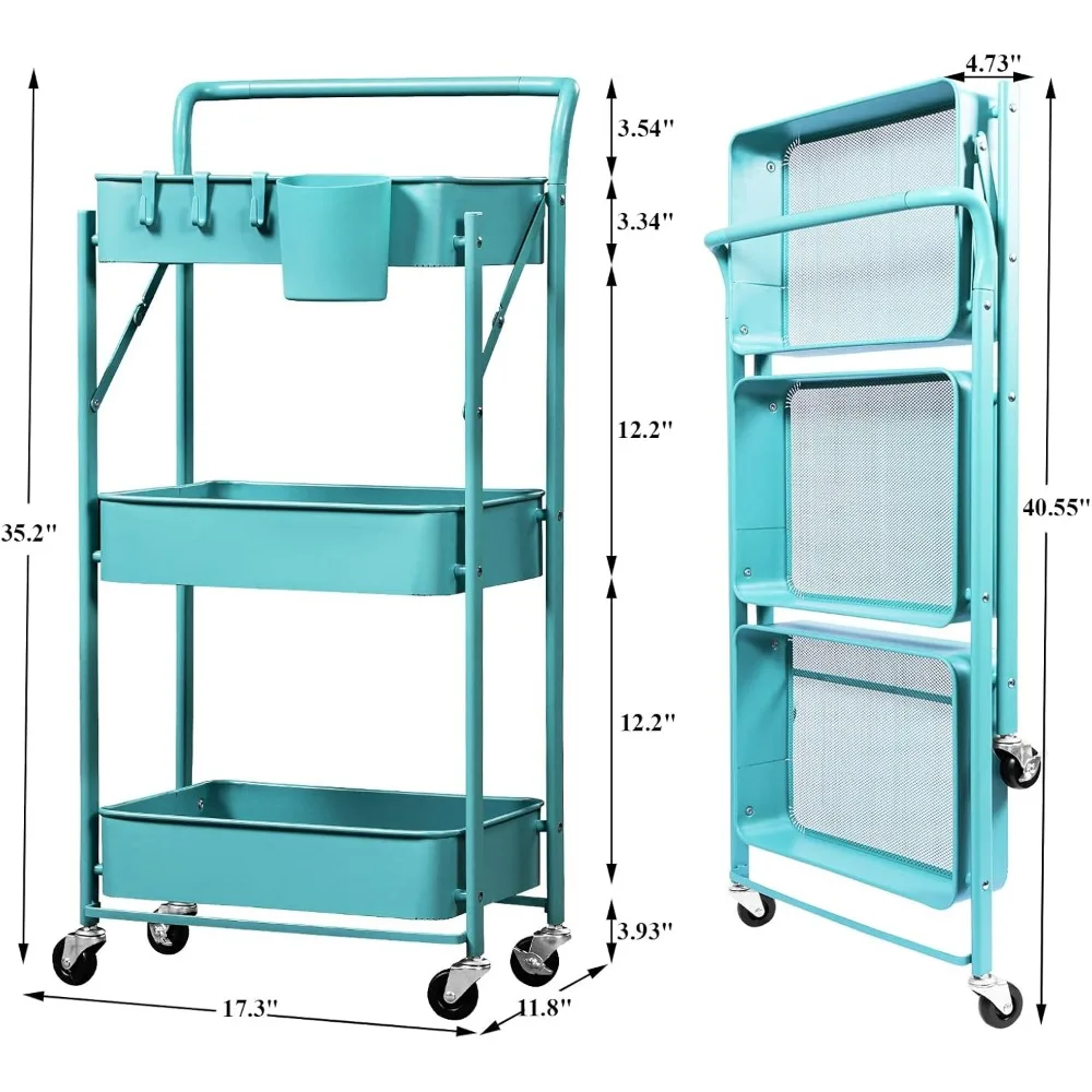 Foldable Storage Cart 3 Tier Rolling Cart with Wheels No Assemble Required Metal Utility Kitchen Cart Folding Shelves 6