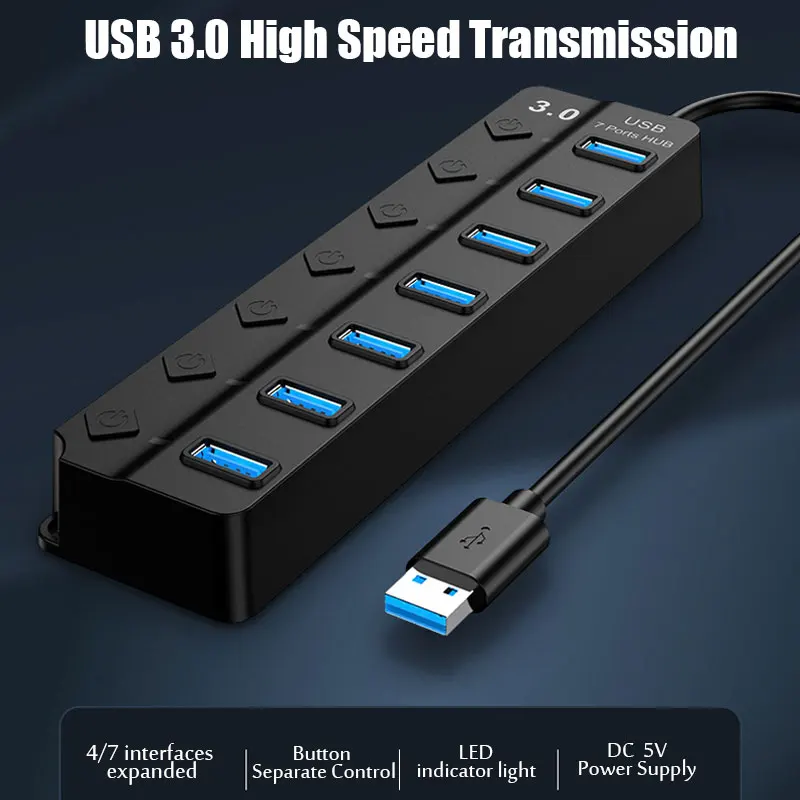 HUB USB 3.0 - 7 Puertos - Interruptor On/Off - Indicador LED