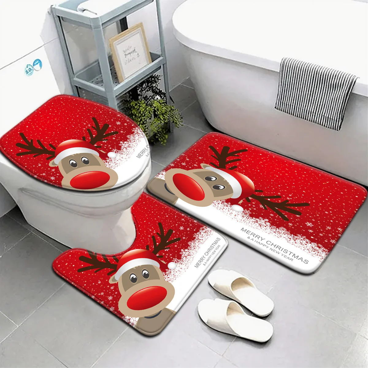 ชุดพรมห้องน้ำลายคริสต์มาส 3 ชิ้น พื้นหลังสีแดง ลายเกล็ดหิมะ กวางเรนเดียร์ พร้อมผ้าคลุมฝารองนั่งชักโครก และพรมเช็ดเท้า ตกแต่งห้องน้ำ 1