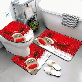 ชุดพรมห้องน้ำลายคริสต์มาส 3 ชิ้น พื้นหลังสีแดง ลายเกล็ดหิมะ กวางเรนเดียร์ พร้อมผ้าคลุมฝารองนั่งชักโครก และพรมเช็ดเท้า ตกแต่งห้องน้ำ 1