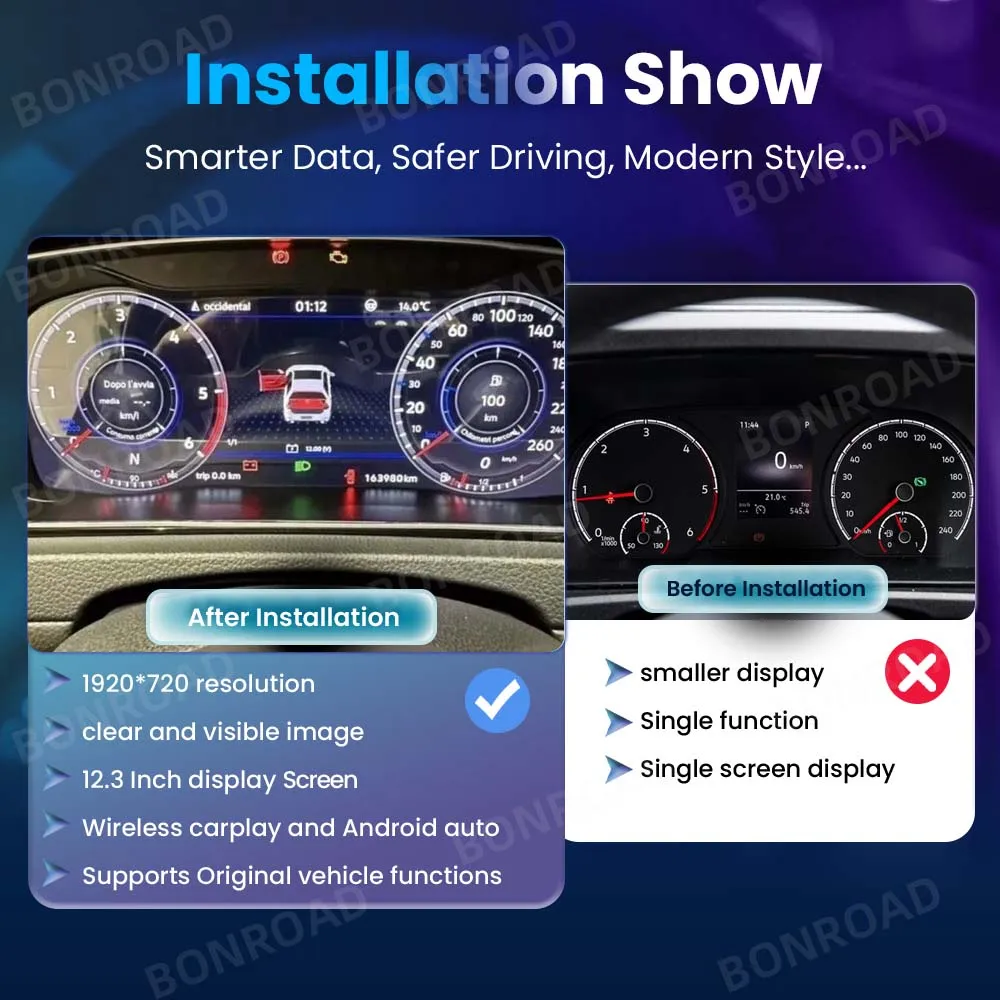 BONROAD Panel de Instrumentos Digital de 12.3'' para Volkswagen Caddy 2022-2025, Pantalla LCD, Velocímetro Virtual, Panel de Instrumentos con CarPlay 2