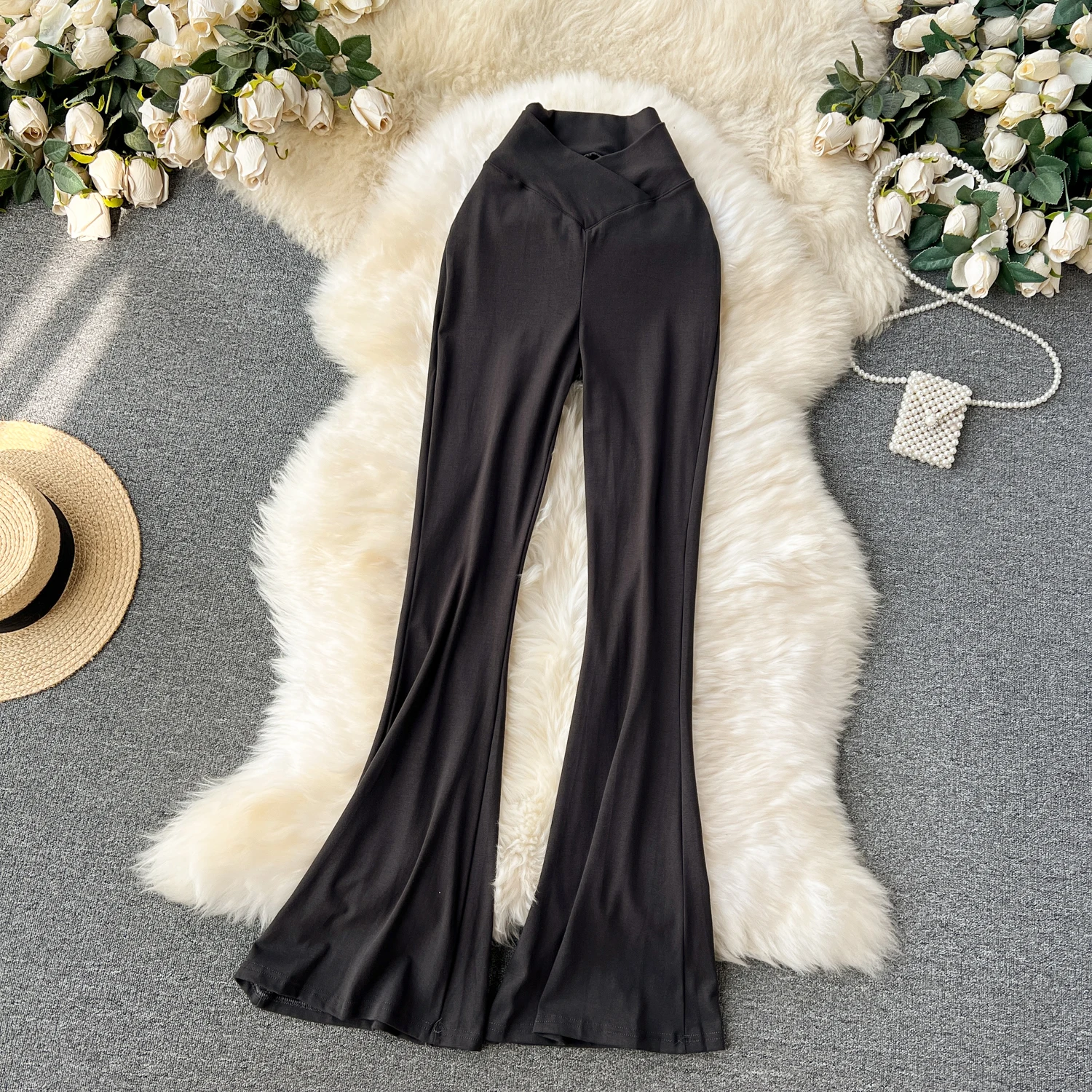 Women Solid High Waist Flare Pants Wide Leg Korean Fashion Elegant Casual Vintage Autumn Streetwear Clothing
