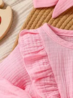 1-18M 2024 Baby Girls Honey Solid Spring/Autumn Pink Cotton Dressy Jumpsuit  With Bow +Hair Band 4