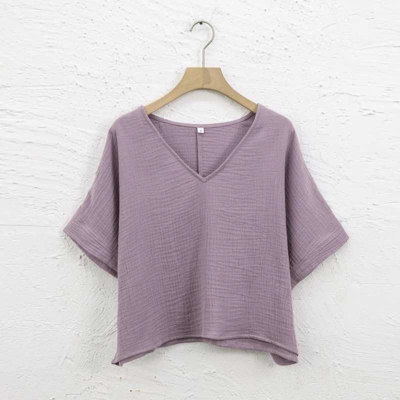 Muslin 100% Cotton Short Sleeve Tee Sexy V-Neck Oversized T-Shirt Streetwear Top Shirts And Blouse Lady Pulovers Camisetas 5