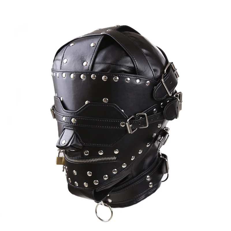 Benda imbottita in pelle SM con lucchetto, maschera con imbracatura per la testa, bondage BDSM, giocattoli sessuali per coppie_voghion.com