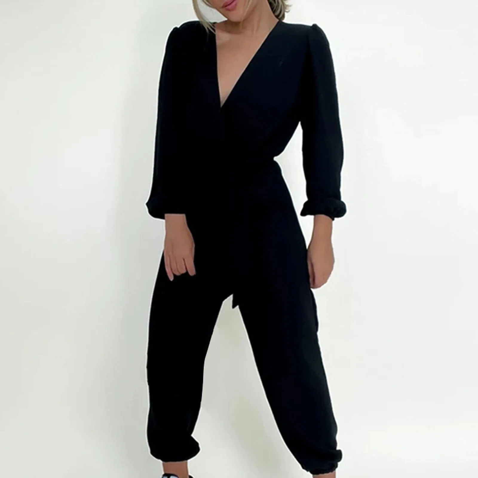 

Women V Neck Simple Chic Jumpsuit Fashion Long Sleeve Solid Harem Pants Jumpsuits Playsuits Lady High Street Overall Trousers