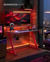 Gaming Desk, with LED Light, Z-Shaped, Monitor Stand, Cup Holder, Headphone Hook, for Home Office, Carbon Black and Ruby Red