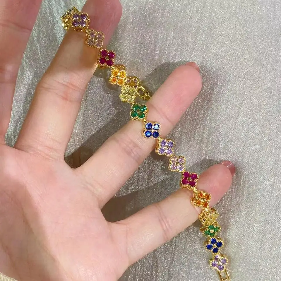 RAKOL Colorful Clover Zircon Bracelet Fashion Charm Gorgeous Charm Exquisite Cute Sweet Shining Crystal Jewelry Gift