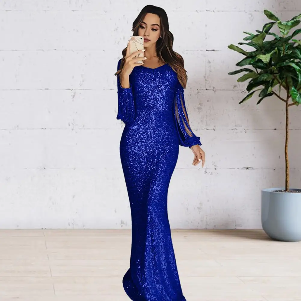 

Women Prom Dress Tassel Sleeves Sheath Slim Fit Sequin Fishtail Hem Evening Dress Cocktail Party Maxi Dress