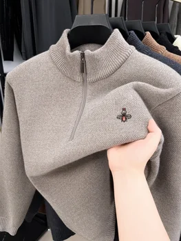 Luxury brand bee embroidery men's sweater knitted comfort plush warm half high neck pullover Korean style new autumn winter top
