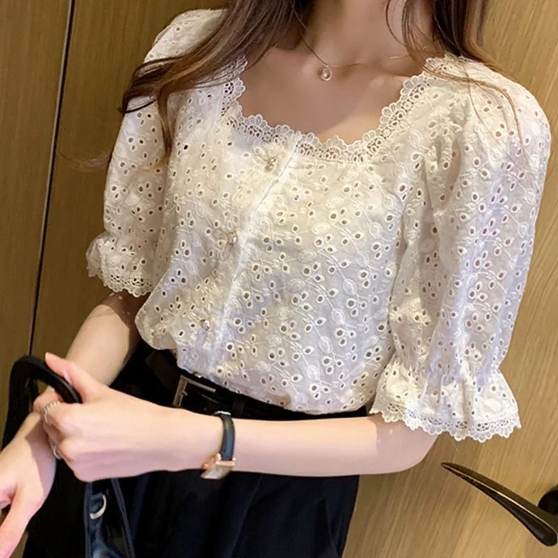 New Fashion Square Neck Lace Women's Button Shirt Hollow Short Sleeve Petal Sleeve Elegant Solid Color Women's Top 13934