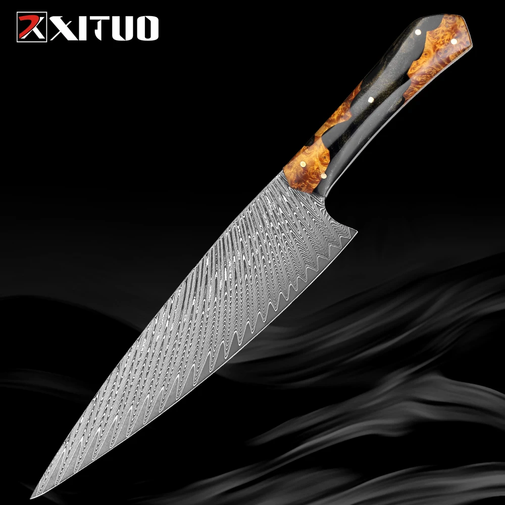 

XITUO Chef Knife 8 inch Kitchen Knife Damascus Steel Superb Edge Retention sharp Slicing Knife Black Resin Stabilised wood handl