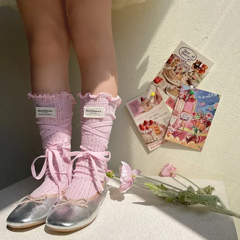 Summer White Mesh Bows Calf Lace Socks for Kids Korean Fashoin Bow Tie Ruffle Children Thin Mesh Breathable School JK Sock