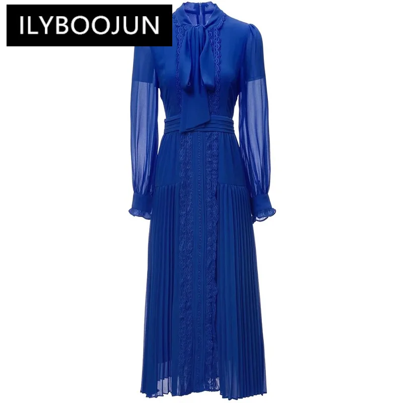 

ILYBOOJUN Fashion Designer Spring Dress Women Lace-up Collar Lantern Sleeve Solid Color Vintage Pleated Desses