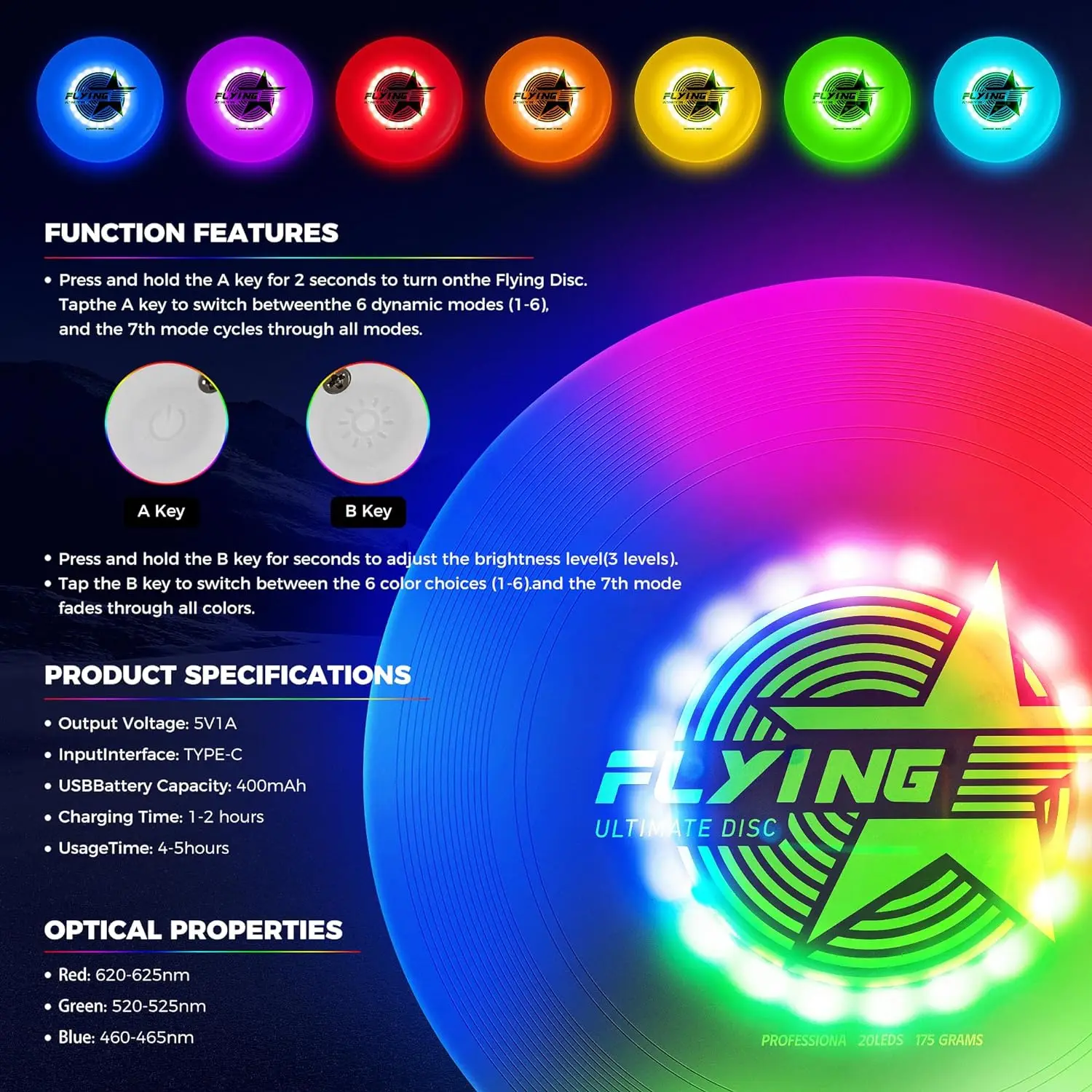 Glow in The Dark LED Flying Disc7 Dynamic Modes, 7 Colors, IP65 Waterproof, Birthday & Camping Gift for Men/Boys/Teens/Kids