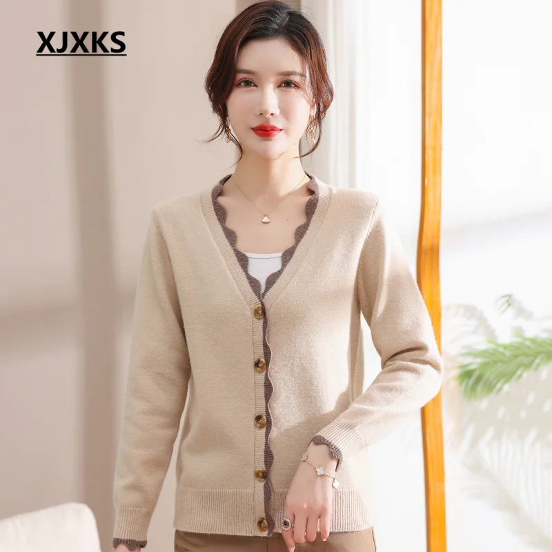 

XJXKS 2023 Spring And Autumn New Fashion V-neck Single-breasted Cardigan Women's Jacket High-quality Wool Knit Sweater Coat
