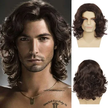 Parrucche sintetiche maschili Parrucca marrone riccia lunga per uomo Acconciatura soffice naturale quotidiana Traspirante Resistente al calore Uomo Costume cosplay Uso