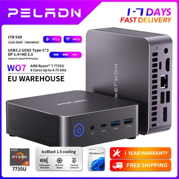 Mini PC PELADN WO7 AMD Ryzen 7 7735U (8C/16T, fino a 4,75 Ghz) 32 GB DDR5 + 1 TB SSD WiFi6 BT5.2 Mini computer a quadrangolare 1