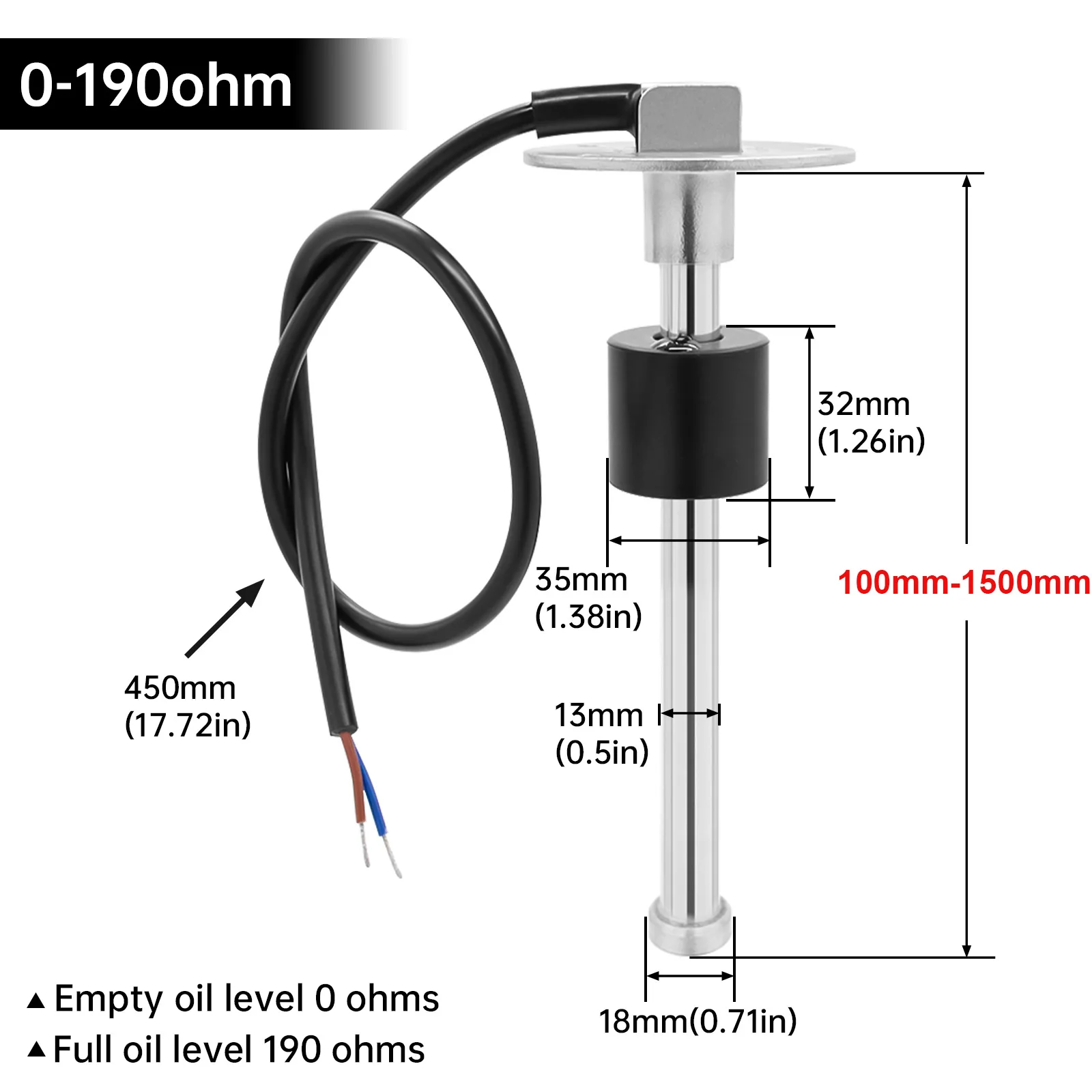 가솔린 보트 자동차용 수위 게이지 및 수위 센서, 7 색 백라이트 물 탱크 계량기 표시기, 0-190 Ohm 52mm, 12V 24V