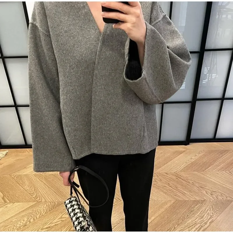Vintage One Button Woolen Coat Women Gray Loose Long Sleeve V-neck Short Jacket Female Autumn Winter Casual Lady New in Outwears