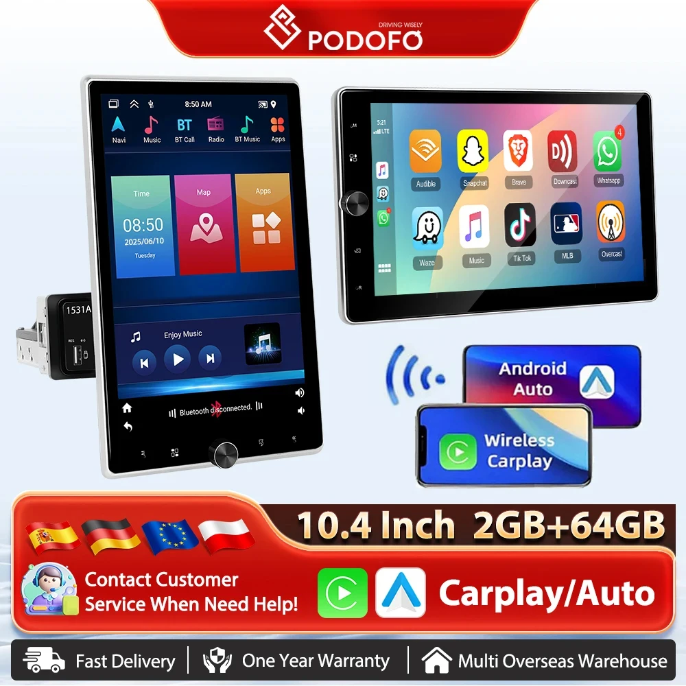Podofo 10.4" Vertical Rotatable Screen Android Car Radio 1 Din 2+64G Wireless Carplay Android Auto GPS 1Din Multimedia Autoradio