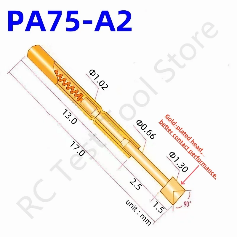100PCS PA75-A2 Spring Test Probe PA75-A Test Pin Test Tool 17.0mm Dia 1.02mm Gold Needle Tip Dia 1.30mm Pogo Pin P75-A P75-A2