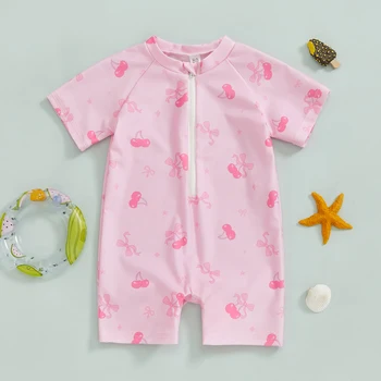 Costume da bagno estivo per bambina a maniche corte, costume da bagno per neonato, costume da bagno per bambini, costume da bagno con cerniera, stampa ciliegia/arco 1