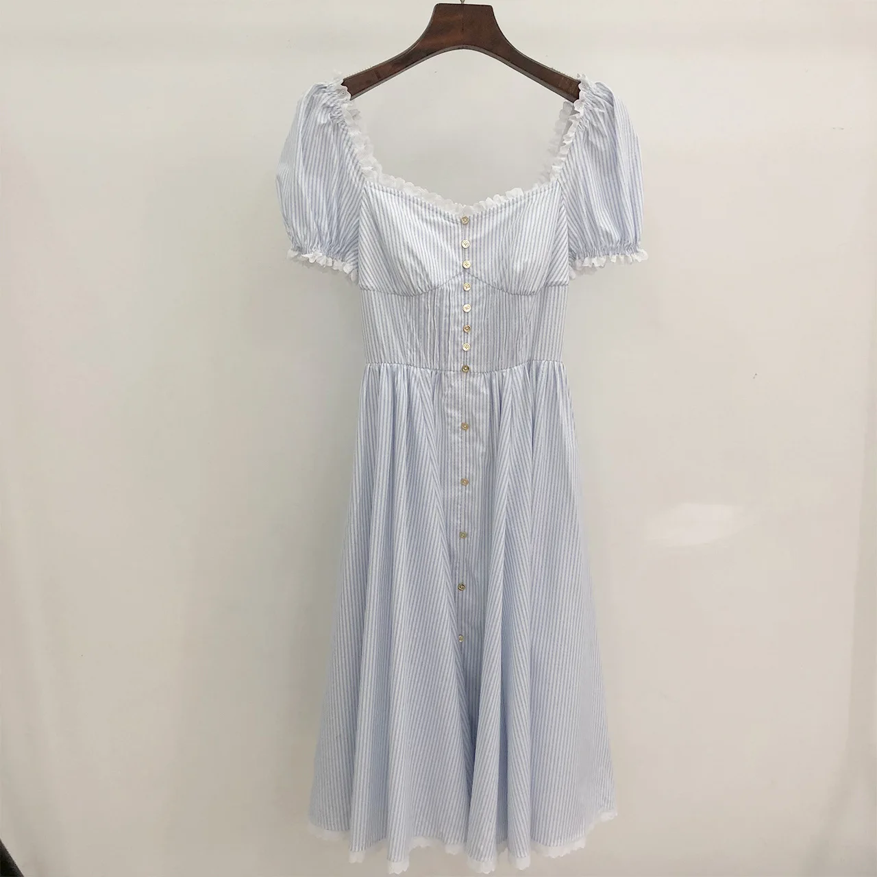 

2023 Summer Dress Lace Stitching Square Neck Striped Dress Women Mid Length Dress